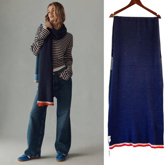 By Anthropologie Colorblock Stripe Scarf in Blue Motif NWT - Picture 2 of 7